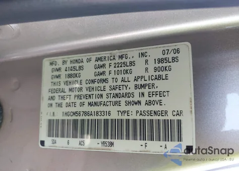 2006 Honda Accord 2.4 Ex из США, поврежденный, VIN 1HGCM56786A183316